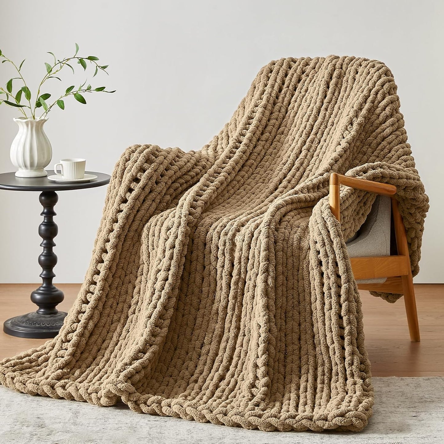 Negwoo Chunky Knit Throw Blanket - Handmade Light Brown Chenille Yarn | 40'' x 50'' Cozy Decor