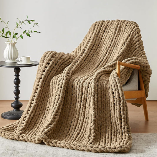 Negwoo Chunky Knit Throw Blanket - Handmade Light Brown Chenille Yarn | 40'' x 50'' Cozy Decor