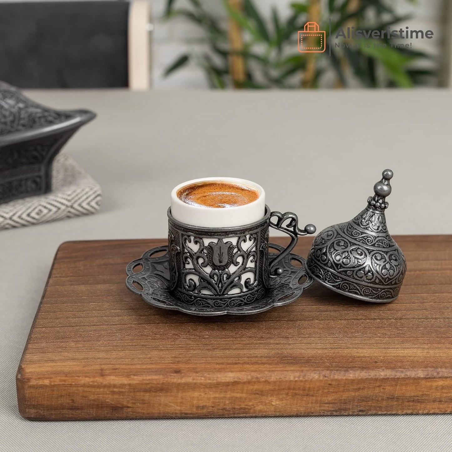 Alisveristime Authentic Turkish Coffee Cup Set: Zamak & Porcelain, Tulip Motifs (Set of 2) (Lale) (Gold)