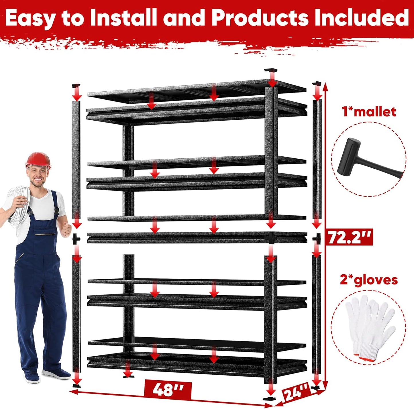 POKIPO Heavy-Duty Garage Shelving - 72"H x 47.2"W x 23.6"D | 5-Tier Adjustable Metal Storage Rack, 3500LBS Capacity