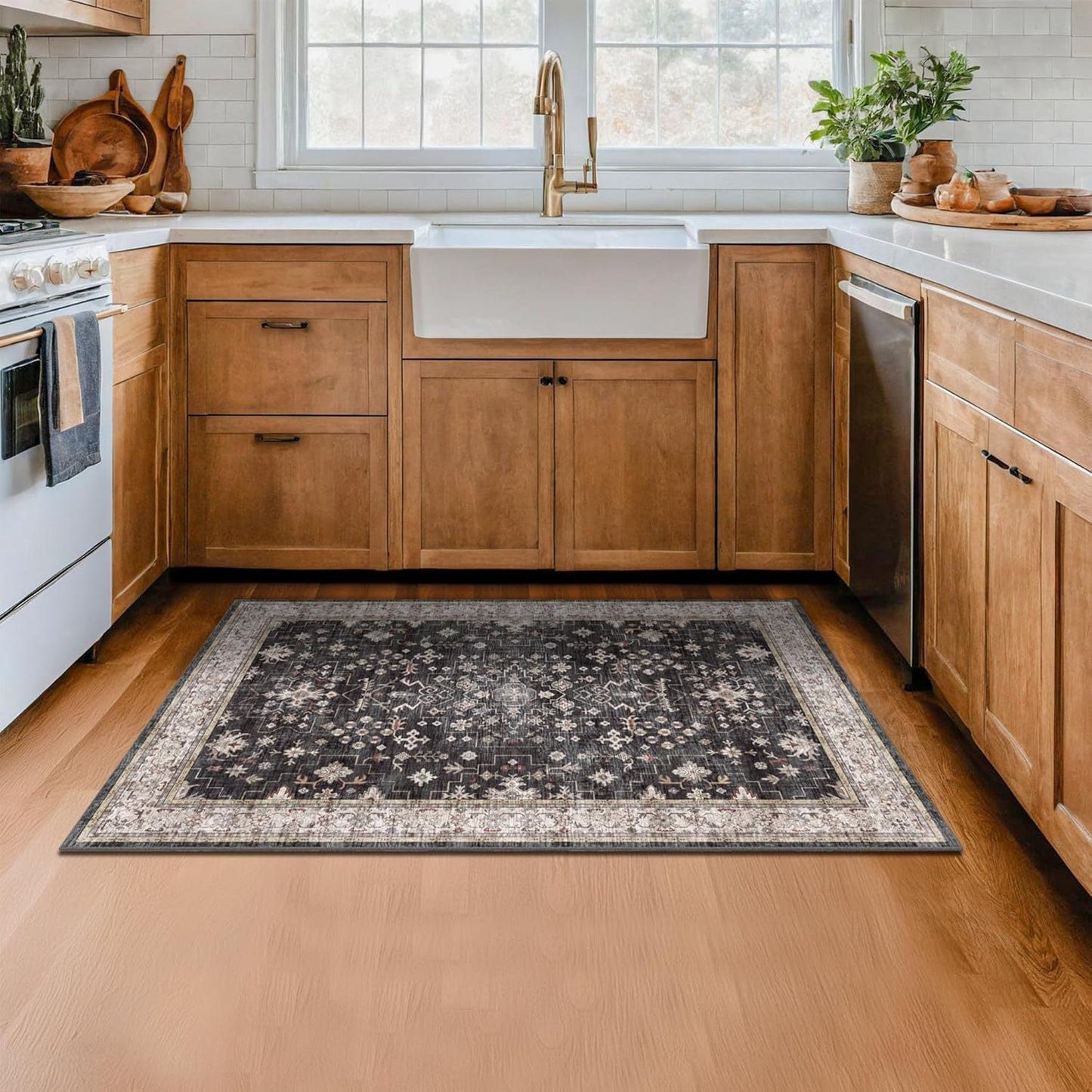 Skiennix Large 3x5 Entryway Rug - Washable Non-Slip Ultra Soft Area Rug for Kitchen & Bedroom | Distressed Boho Geometric Design, Ashen/Multi