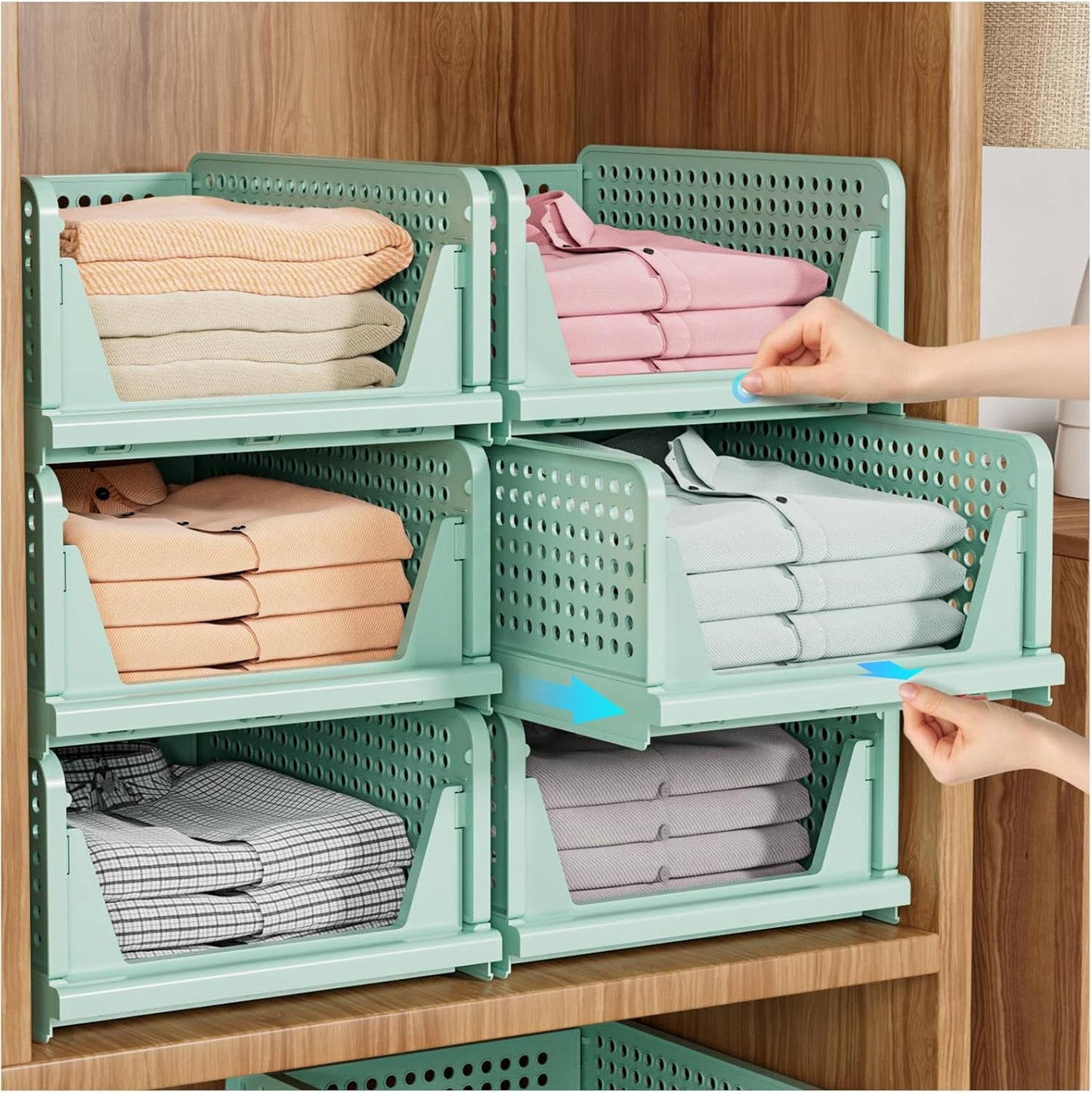 SNSLXH Stackable Closet Organizer Box - Multifunctional Foldable Storage Basket for Bathroom & Laundry - Green, 5 Pack