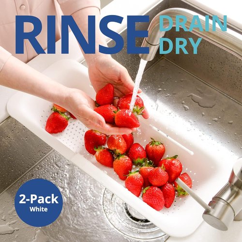 BLUE GINKGO Over The Sink Colander Strainer Basket - Extendable Design for Washing Vegetables & Draining Pasta - White, 2 Pack
