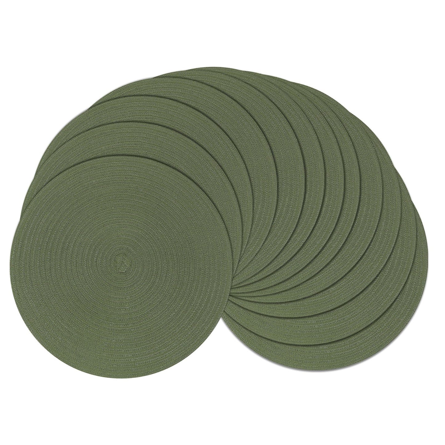 SHACOS Round Placemats Set of 12 Washable 15 inch Round Table Mats Cotton Polyester Woven Braided Place Mats for Dining Table Wedding Party Decor (Olive Green, 12)