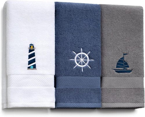 HunnmingRe Nautical Hand Towels - 3 Pcs Dark Blue & White Cotton Set | 13.3 x 28.4'' Coastal Decor