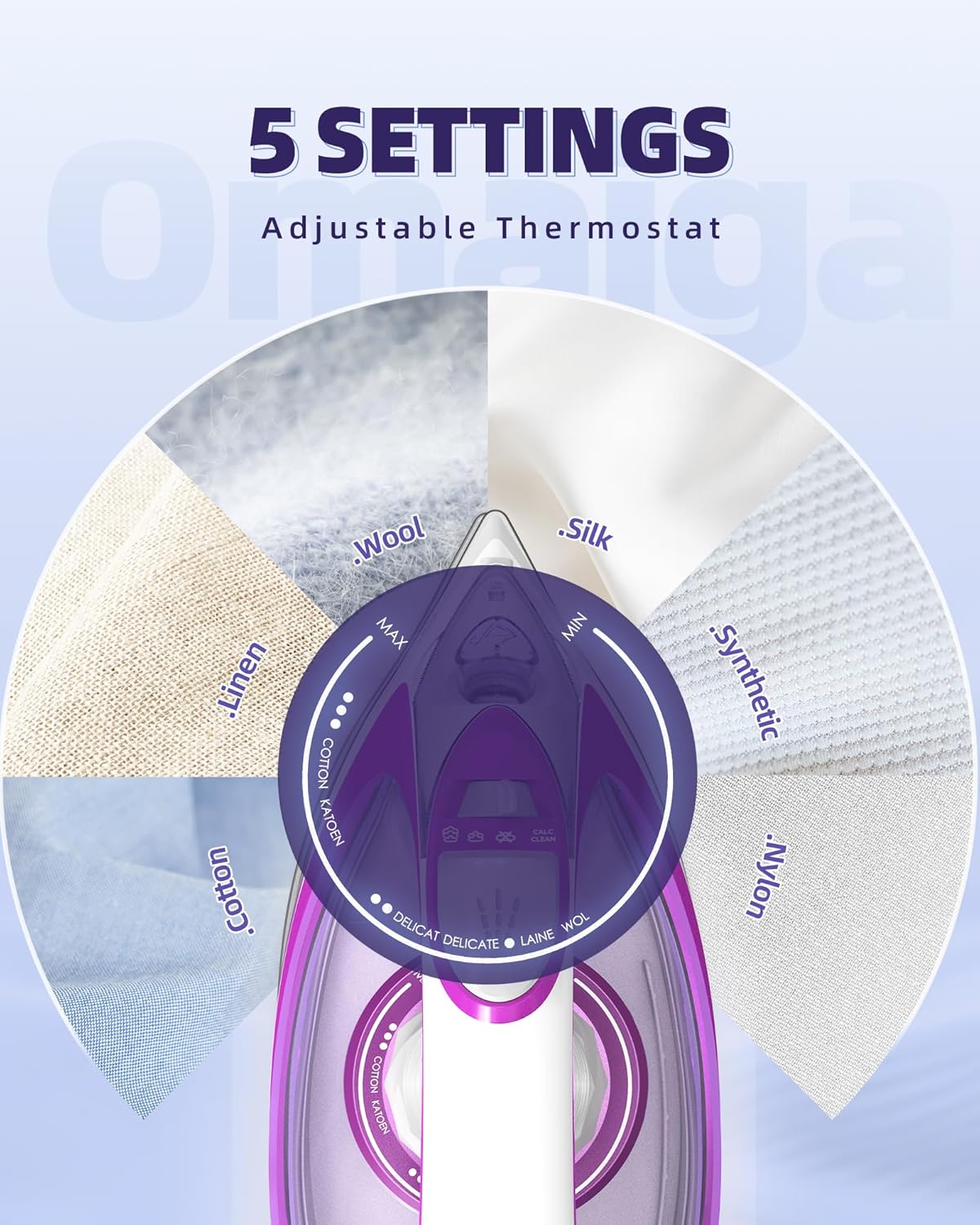 Omaiga Steam Iron - 1750W Fast Heating with Powerful Steam | 15.21oz Water Tank, Ceramic Soleplate