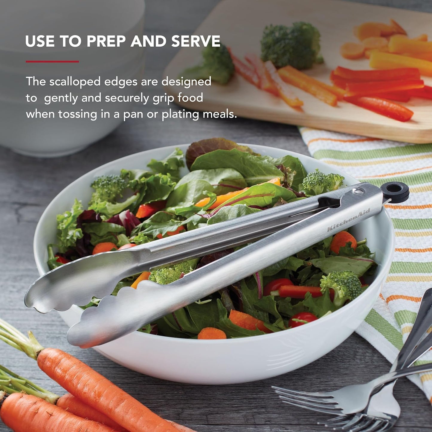 KitchenAid Stainless Steel Tongs Set - Durable Scalloped Edges | Easy Lock, Dishwasher Safe, 7" & 9" Silver