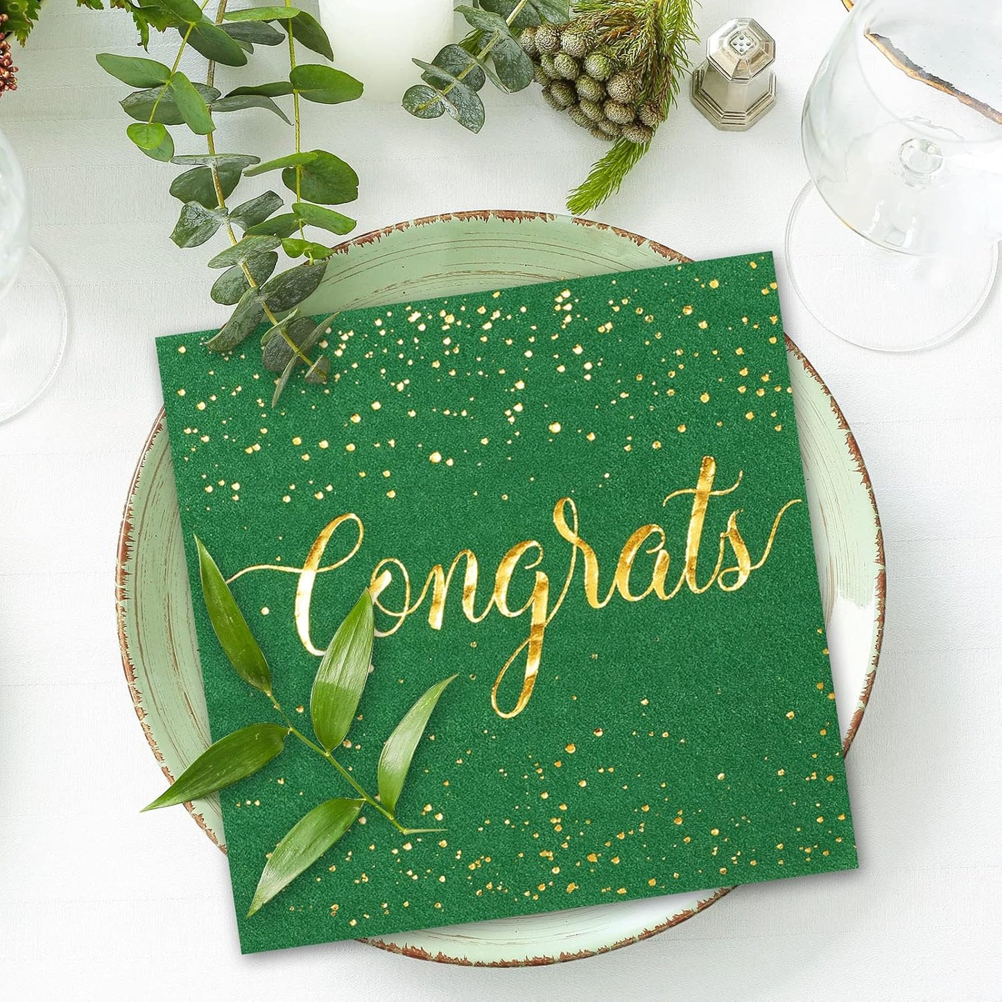 Whaline Graduation Cocktail Napkins - 80 Pack Green & Gold Foil Congrats Design | Disposable Beverage & Dessert Napkins for Grad Party Decor