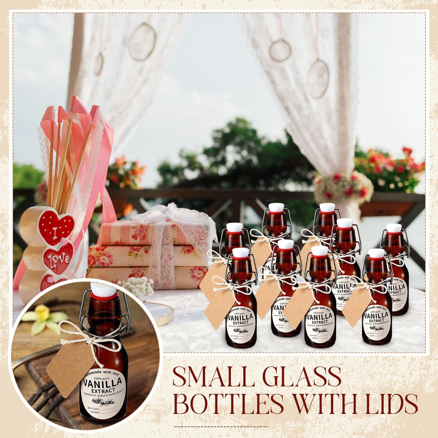 Vesici 12 Sets Swing Top Glass Bottles Set Amber Homemade Vanilla Extract Bottles Vanilla Extract Jars for Christmas DIY Crafts (8 Oz)