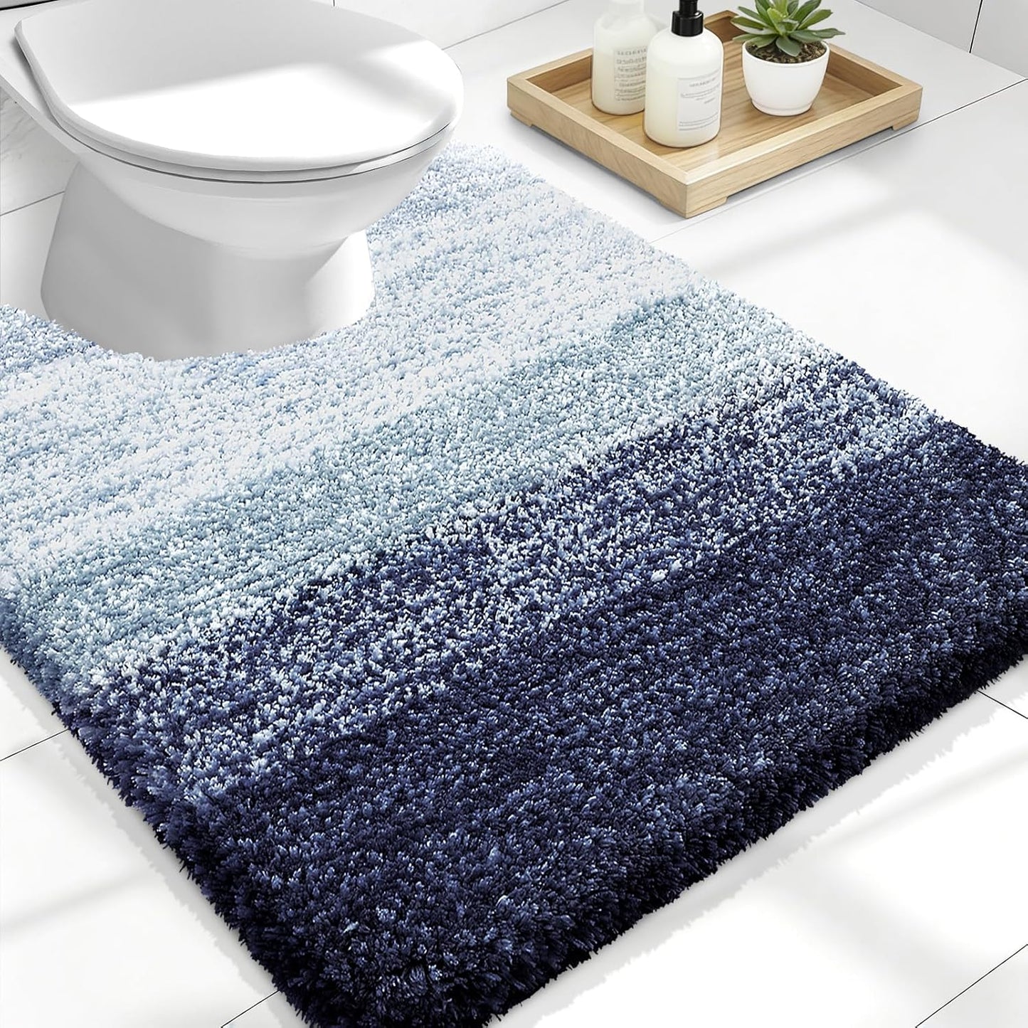 OLANLY Luxury U-Shaped Toilet Rugs - Extra Soft, Absorbent Microfiber Bath Mat | 24x20, Airy Blue