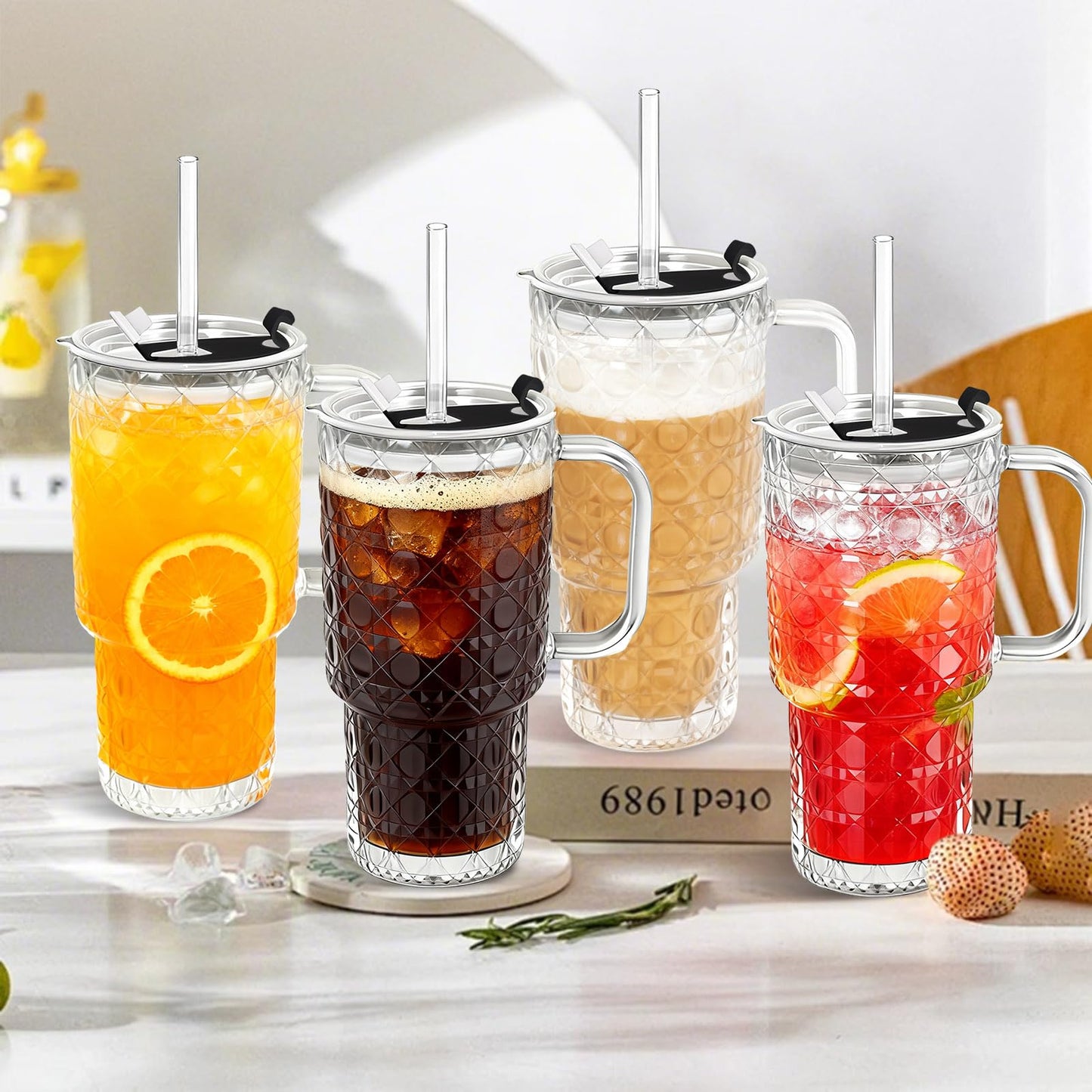 Snextek 18oz Glass Tumbler with Lid, Glass Straw & Handle, 2-Piece Set, Thickened for Iced Coffee, Smoothies, Cocktails, Home Office Travel (Gemstone)
