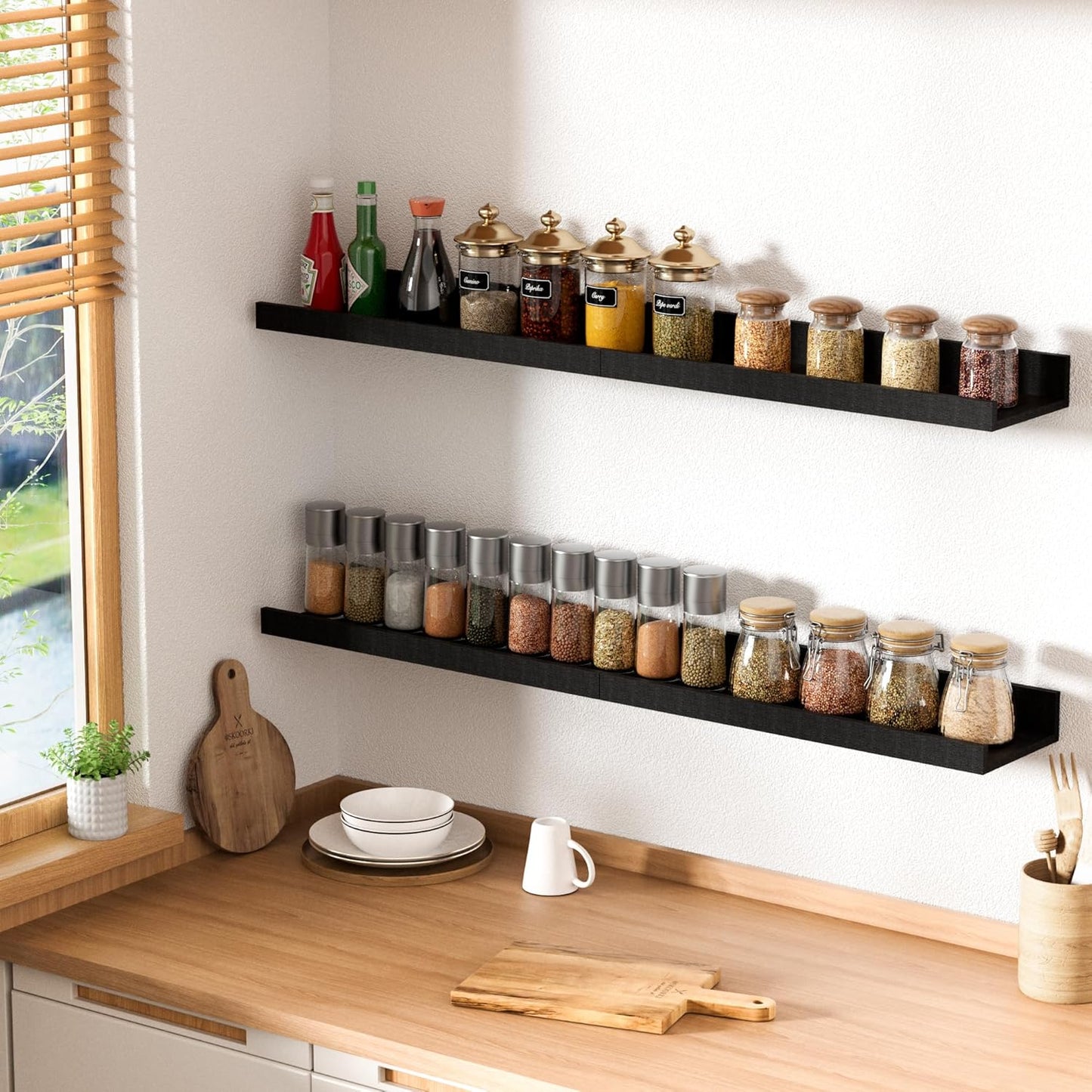 Upsimples Floating Wall Shelves - Set of 6 Decorative Wood Shelves for Bedroom, Living Room, Bathroom, Kitchen | Black