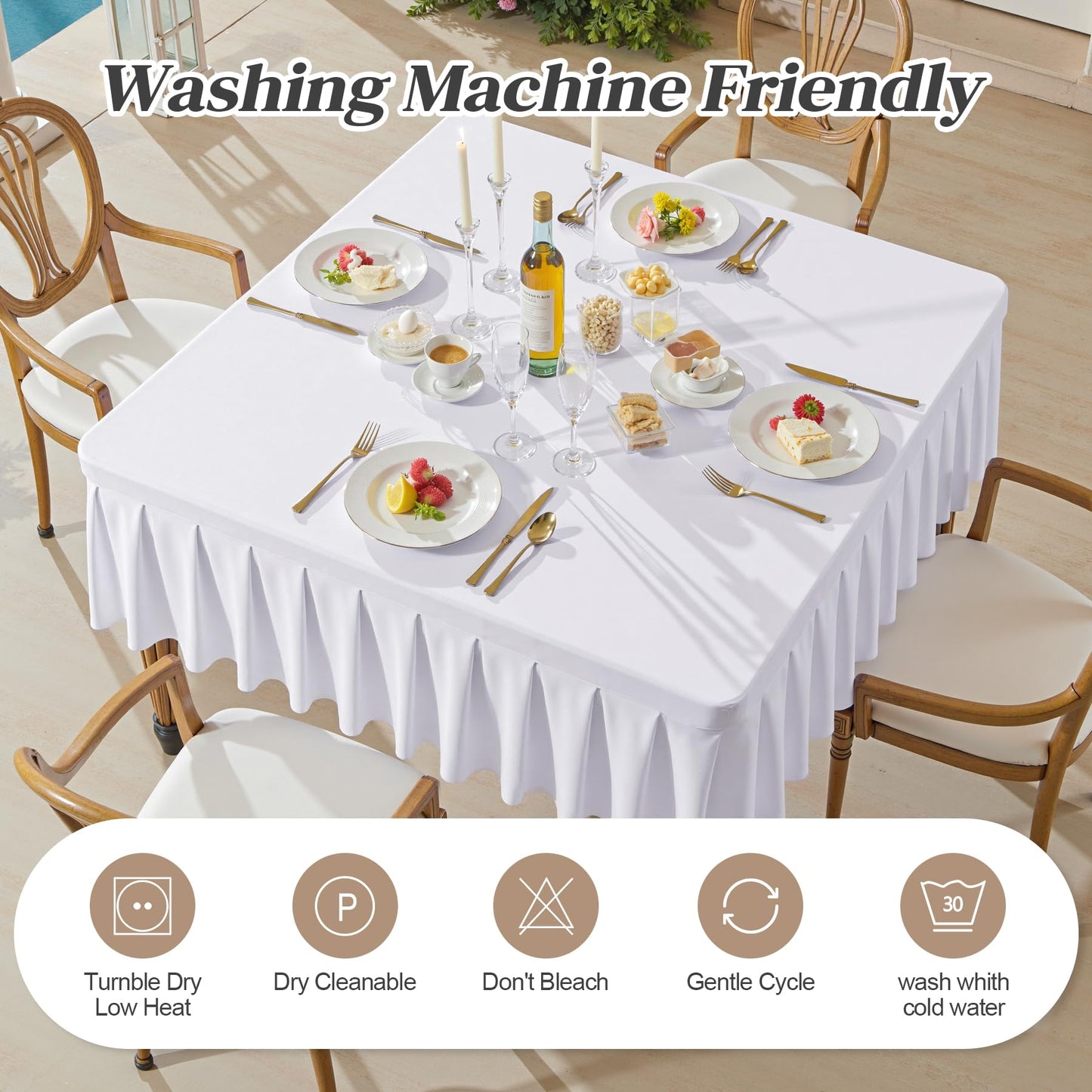White Spandex Tablecloths for 34x34 Inch Square Tables, Stretch Fitted Table Clothes with Pleated Ruffle Skirt for 34” Table, Wrinkle Free and Elastic, for Party Kitchen Home Dining Outdoor Patio