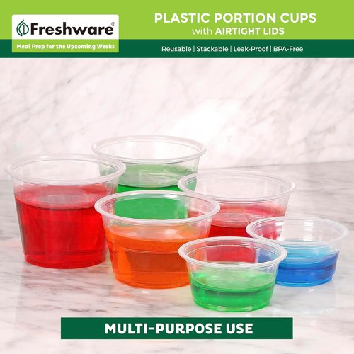 Freshware Portion Cups - 3.25 Ounce Disposable Plastic Cups with Lids for Meal Prep & Sauces | 100 Sets