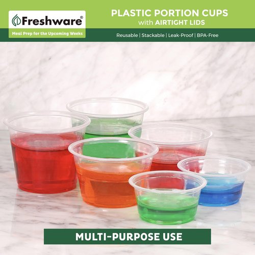 Freshware Plastic Portion Cups with Lids [2 Ounce, 100 Sets] Disposable Plastic Cups for Meal Prep, Salad Dressing, Jellos Shot Cups, Souffle Cups, Condiment and Dipping Sauce Cups