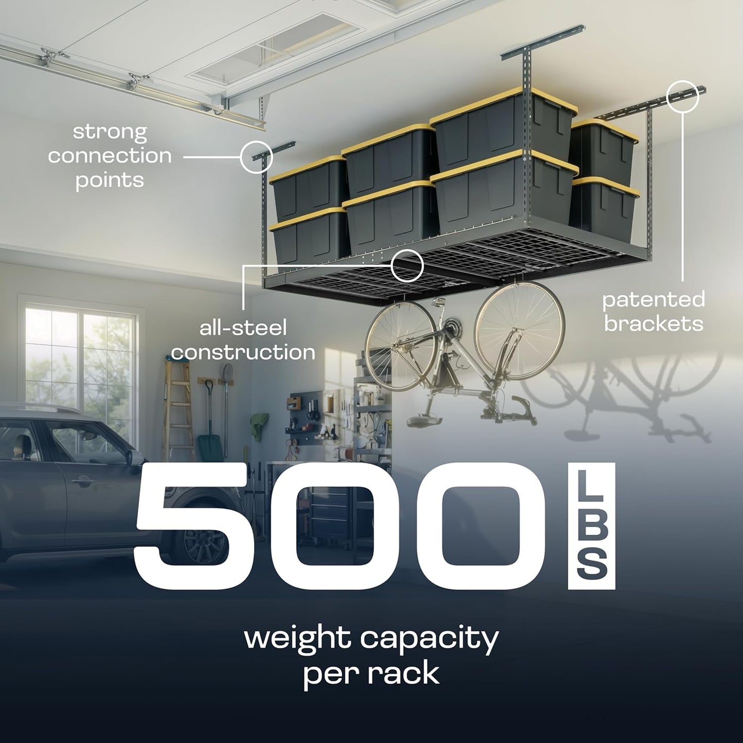 MonsterRax Overhead Garage Storage Rack - 4x8 Ceiling Organizer with Adjustable Height 24"-45" - Grey