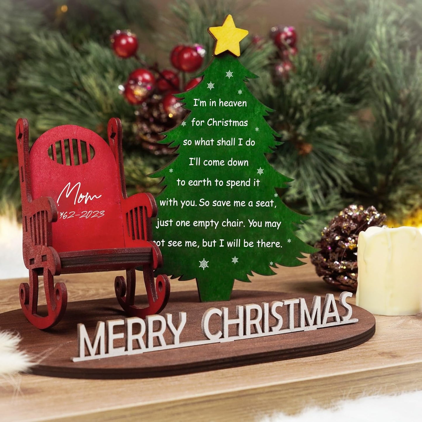 Memory Christmas in Heaven Wooden Candle Holder - Memorial Ornament & Sympathy Gift for Loss