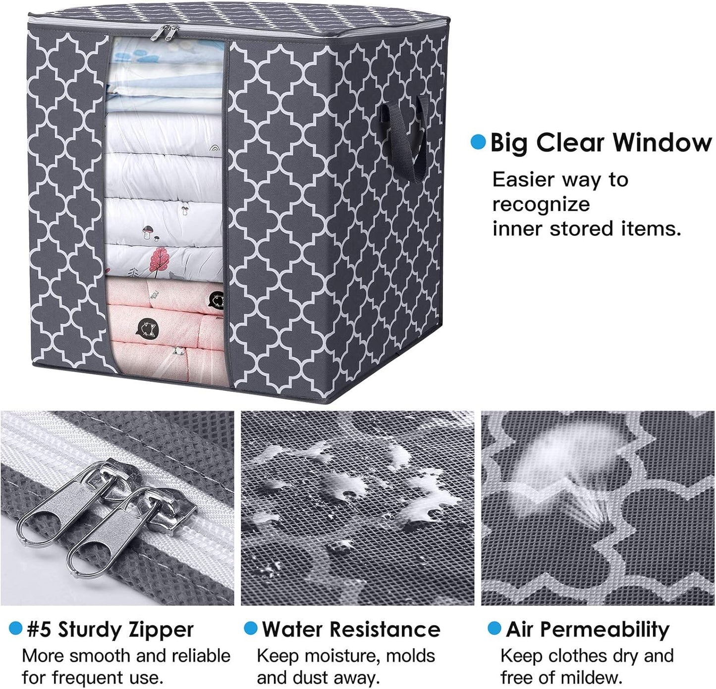 WISELIFE Storage Bags - 3 Pack 100L Large Blanket & Clothes Organizers | Foldable with Clear Window & Sturdy Zippers, Gray