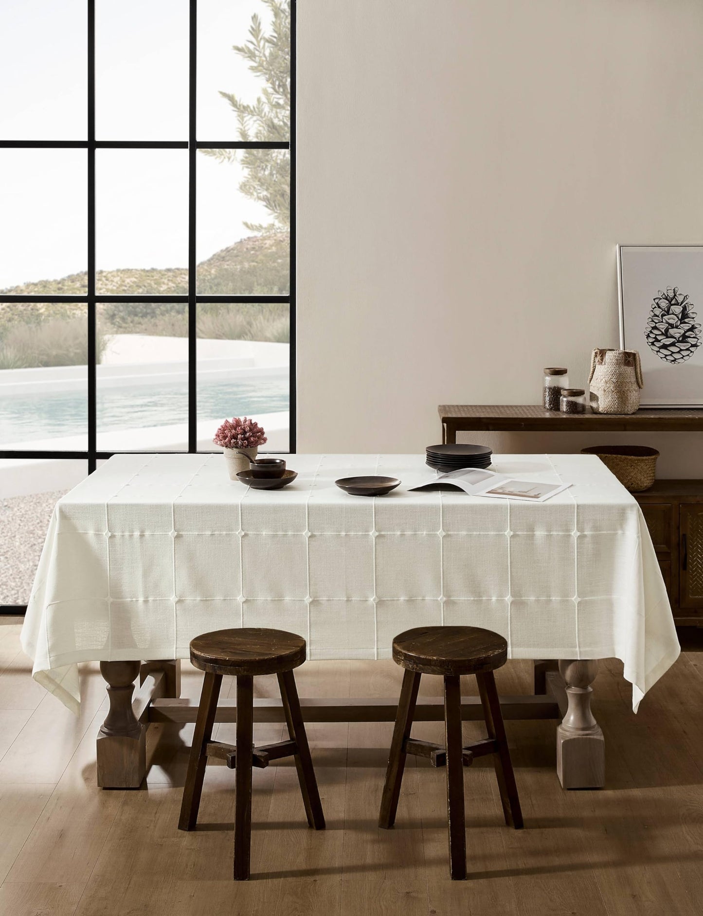 ZeeMart Grid Embroidered Hemmed Tablecloths, Off White 60x120 Inch, Farmhouse Style Heavy Weight Cotton Linen White Tablecloths, Boho Plaid Water Resistant Rectangle Table Cloth