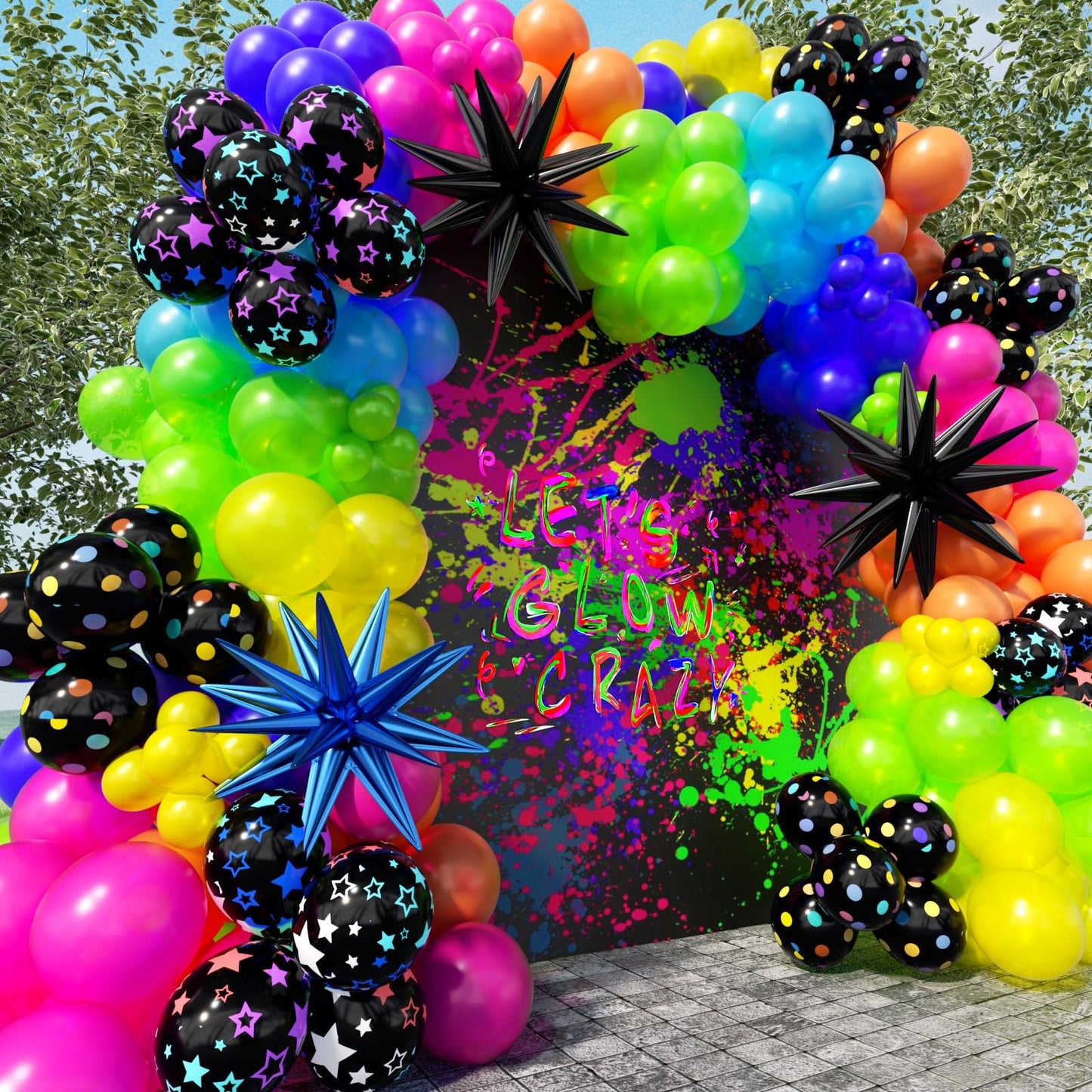 PTGOLUO 185Pcs Neon Balloons Arch Garland Kit with Glow in the Dark Balloons, Neon Balloons Arch Kit for Back to 80s 90s DISCO Birthday Party Decorations, Let's Glow Party, Rock Roll Party Supplies