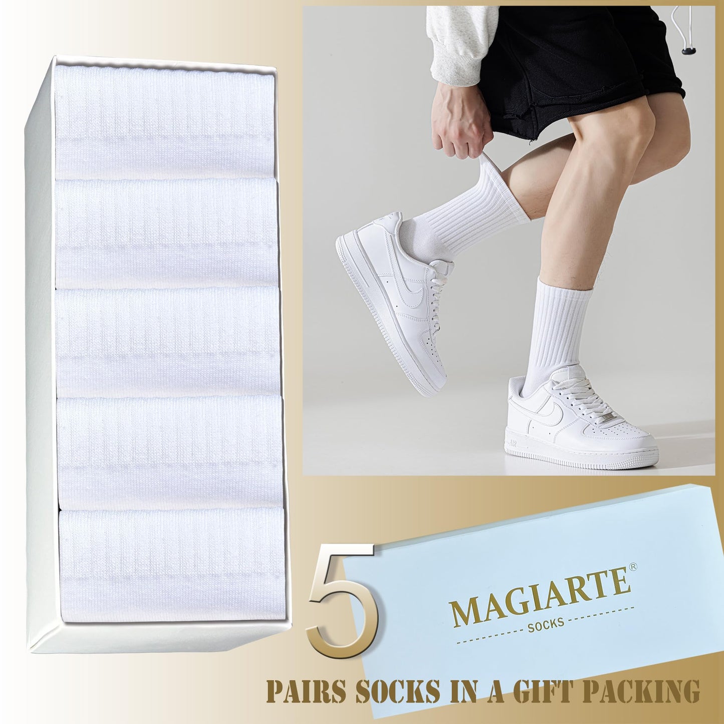 MAGIARTE Mens Athletic Cotton Crew Socks Moisture Wicking Running Cycling Multi Sports Socks for Men 5 PACK (Color #01L White)