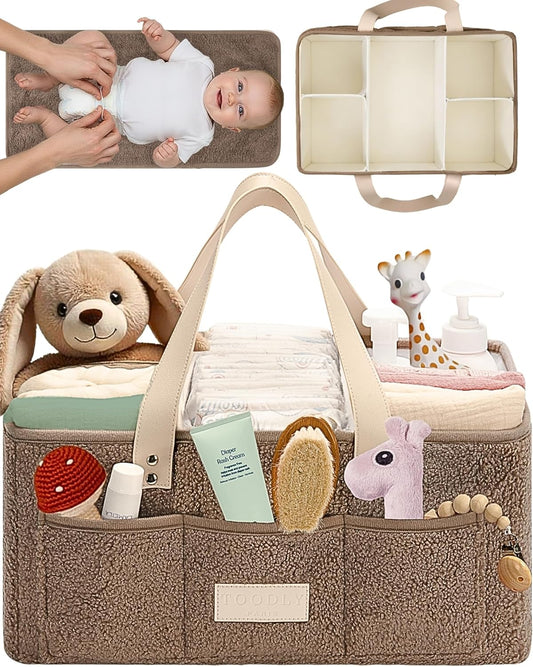 Skiennix Baby Diaper Caddy Organizer - Portable Changing Mat & Removable Dividers - Teddy Fleece Design