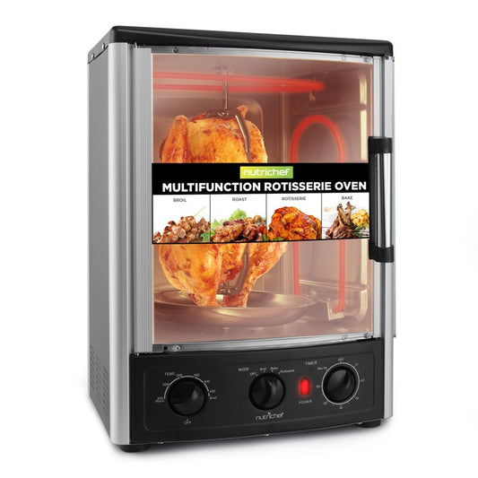 NutriChef Multi-Function Rotisserie Countertop Oven | 24 Quart Vertical Glass Door Convection Oven, for Rotisserie Roasting & Broiling | Timer & Temperature Control | 13.4 x 12.2 x 18.9