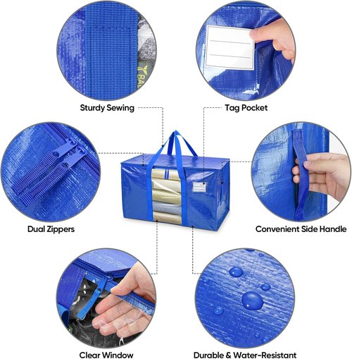 BALEINE Oversized Moving Bags - Heavy-Duty Storage Totes with Reinforced Handles | Blue w/Window, 4-Pack