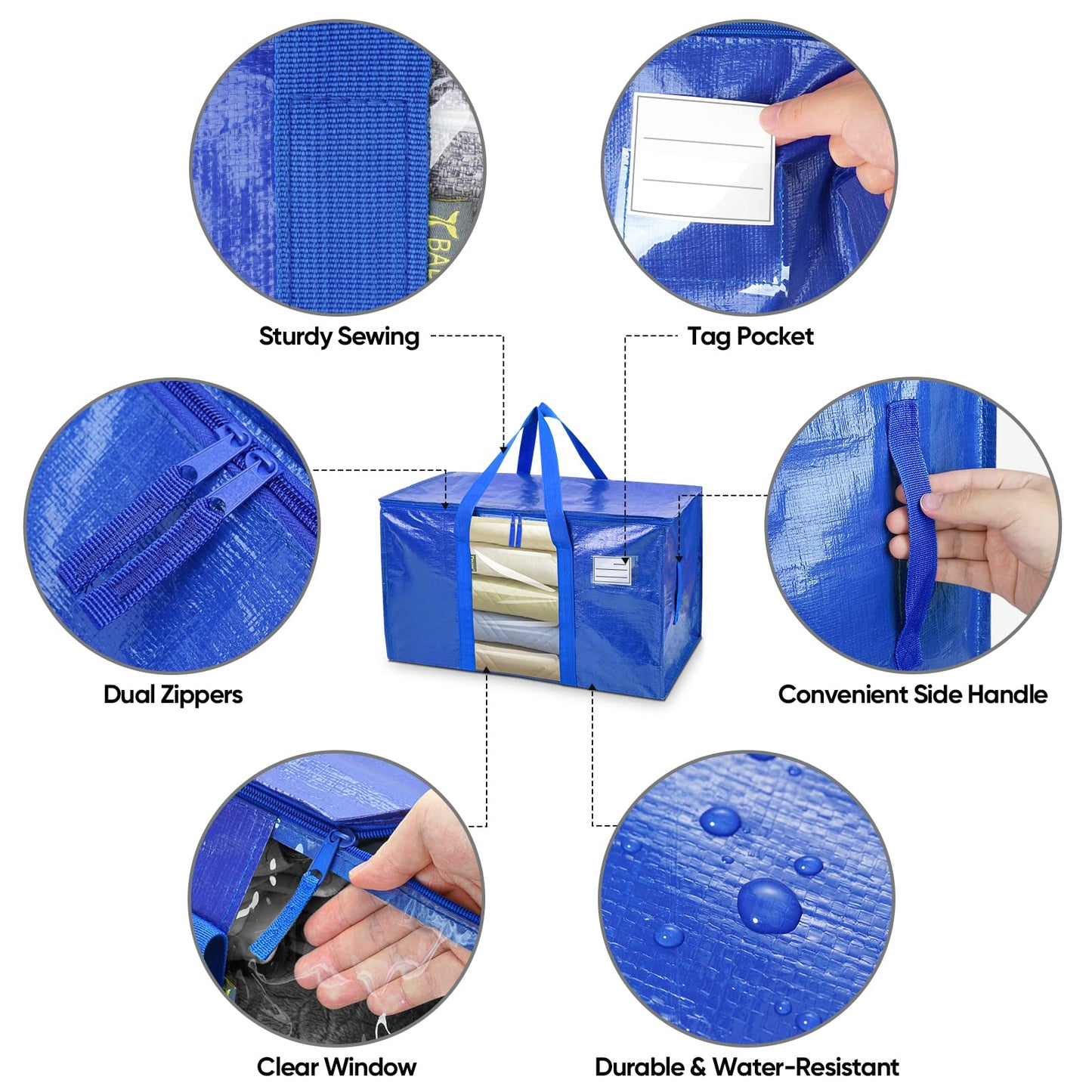 BALEINE 8-Pack Oversized Moving Bags with Reinforced Handles, Heavy-Duty Storage Tote Moving Supplies for Packaging, Camping (Blue w/Window, 8-Pack)