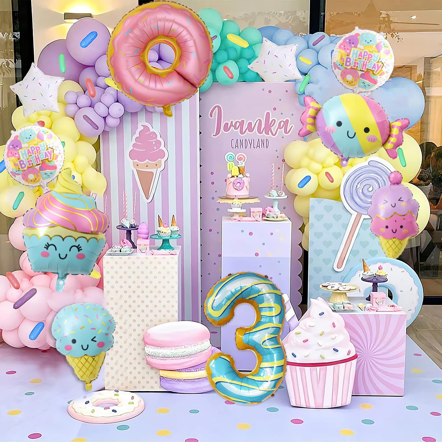 10Pcs Ice Cream Balloons, Donut Candy Birthday Number Mylar Foil Balloon Ice Cream Theme 3rd Birthday Party Supplies Decorations