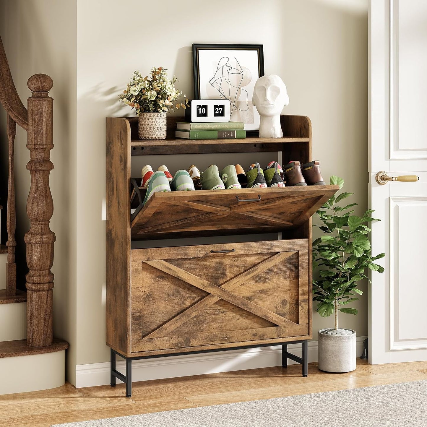 Kitstorack Shoe Storage Cabinet - Rustic Brown Wooden Organizer with 2 Flip Drawers & Metal Legs