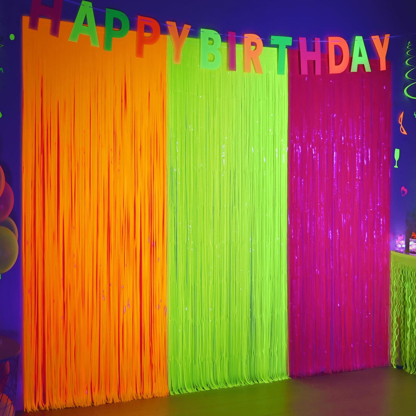 Mega-L Glow in The Dark Party Supplies, 3 Pack Neon Party Decorations 9.9 x 6.6 ft Fluorescent Tinsel Foil Fringe Curtains, Neon Backdrop Streamer for Birthday, Weeding, New Years Eve Party Supplies