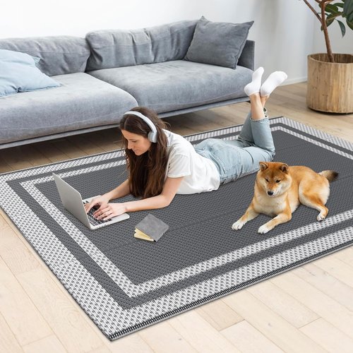 HappyTrends Outdoor Rug - Reversible Portable Plastic Straw Rug for Camping & Patio | Large 4'x6' White & Gray