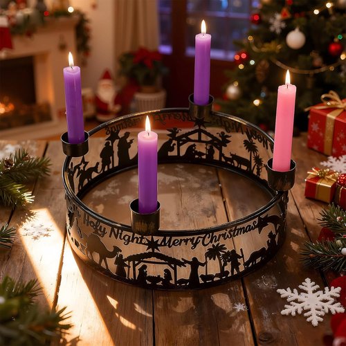 Blulu Advent Wreath Candle Holder - Rustic Nativity Scene Ring for Christmas Centerpiece | Metal Jesus Design