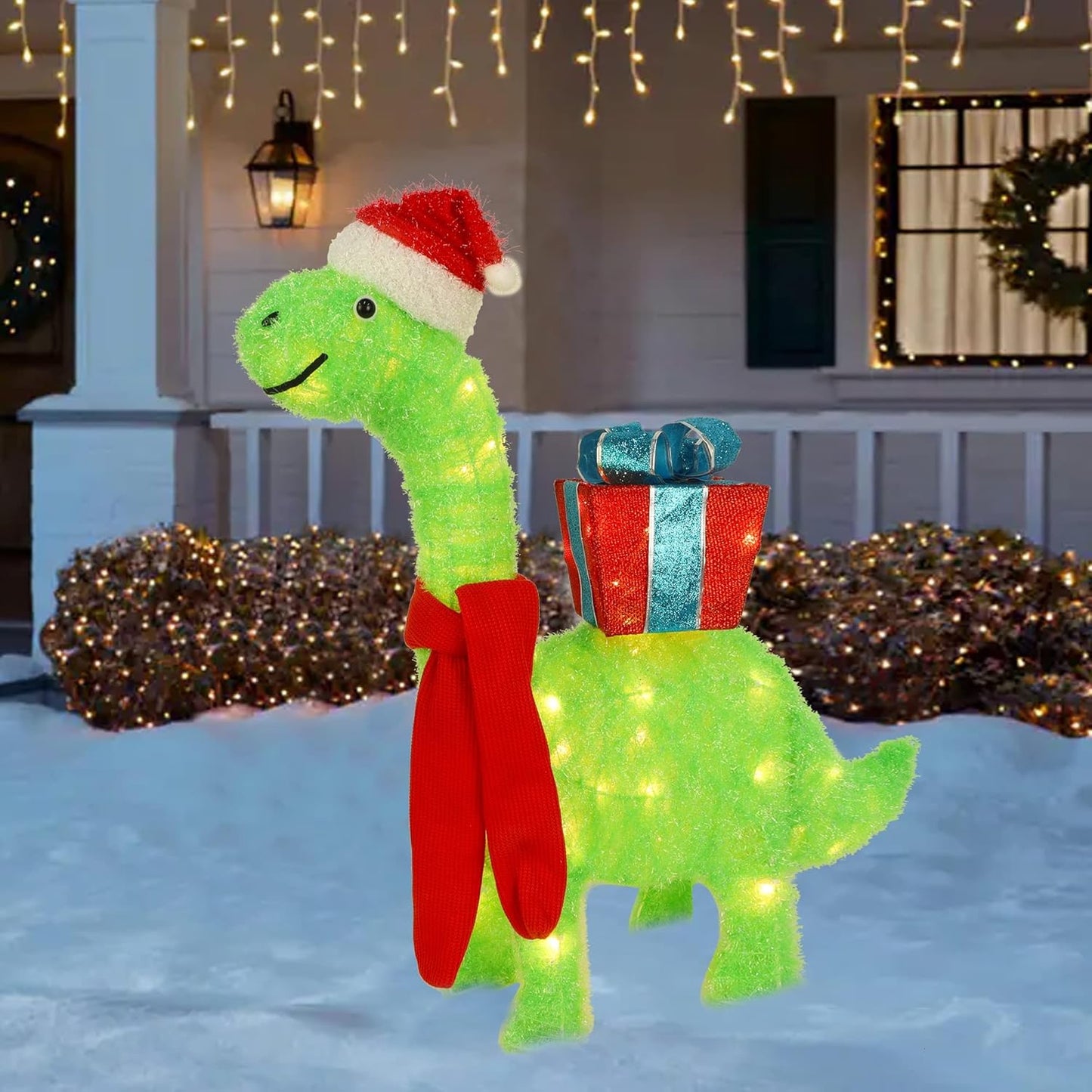 WATERGLIDE 27-Inch Lighted Christmas Dinosaur | Pre-Lit 3D Brachiosaurus Yard Decor with Gift Box