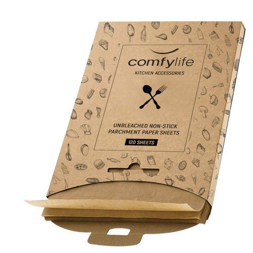 Comfylife 120 x Parchment Paper Sheets - No Curl, No Tear, No Burn Baking Paper (16 x 12 inch) – No Chemical Unbleached – Cookie Paper Precut Baking Sheets For Baking
