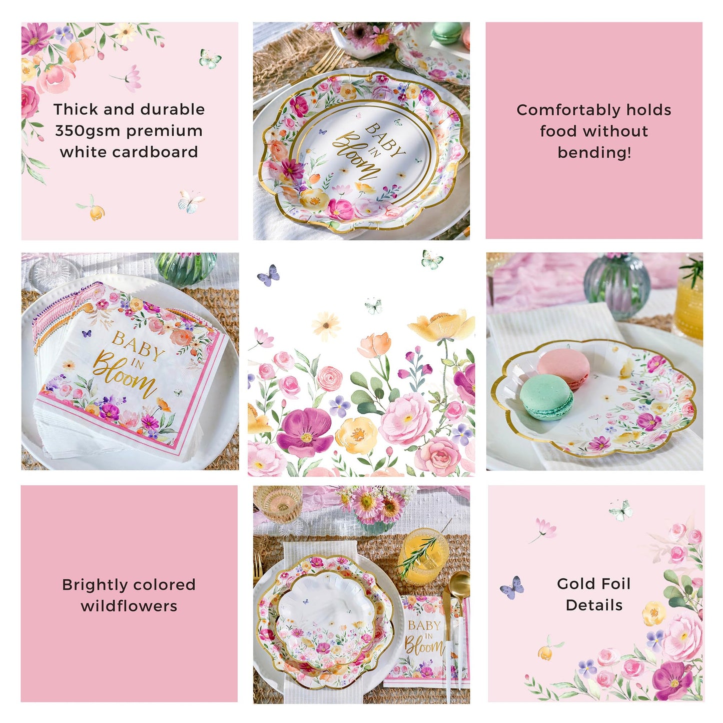 Kate Aspen Baby in Bloom 62 Piece Party Tableware Set Baby Shower Party Decorations Plates & Napkins, Vibrant Floral Botanical (16 Guests)- Perfect for Greenery Baby Shower