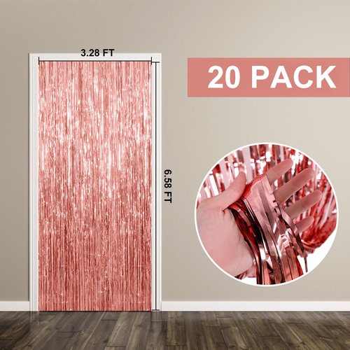 20 Pack Foil Curtain Backdrop Rose Gold Metallic Tinsel Foil Fringe Curtains Photo Booth Props for Birthday Wedding Engagement Baby Shower Bachelorette Christmas Holiday Celebration Party Decorations