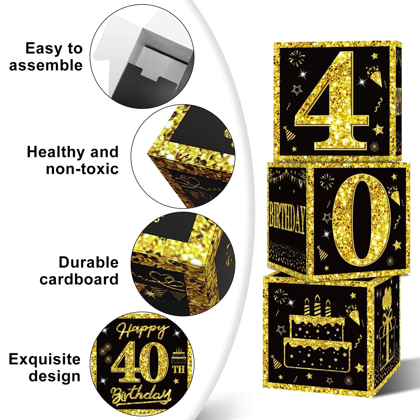 Eiurteao 3pcs 40th Birthday Decorations Boxes for Men Women, Black Gold Happy 40 Birthday Balloons Boxes Party Supplies, 40 Year Old Bday Theme Cardboard Box Decor