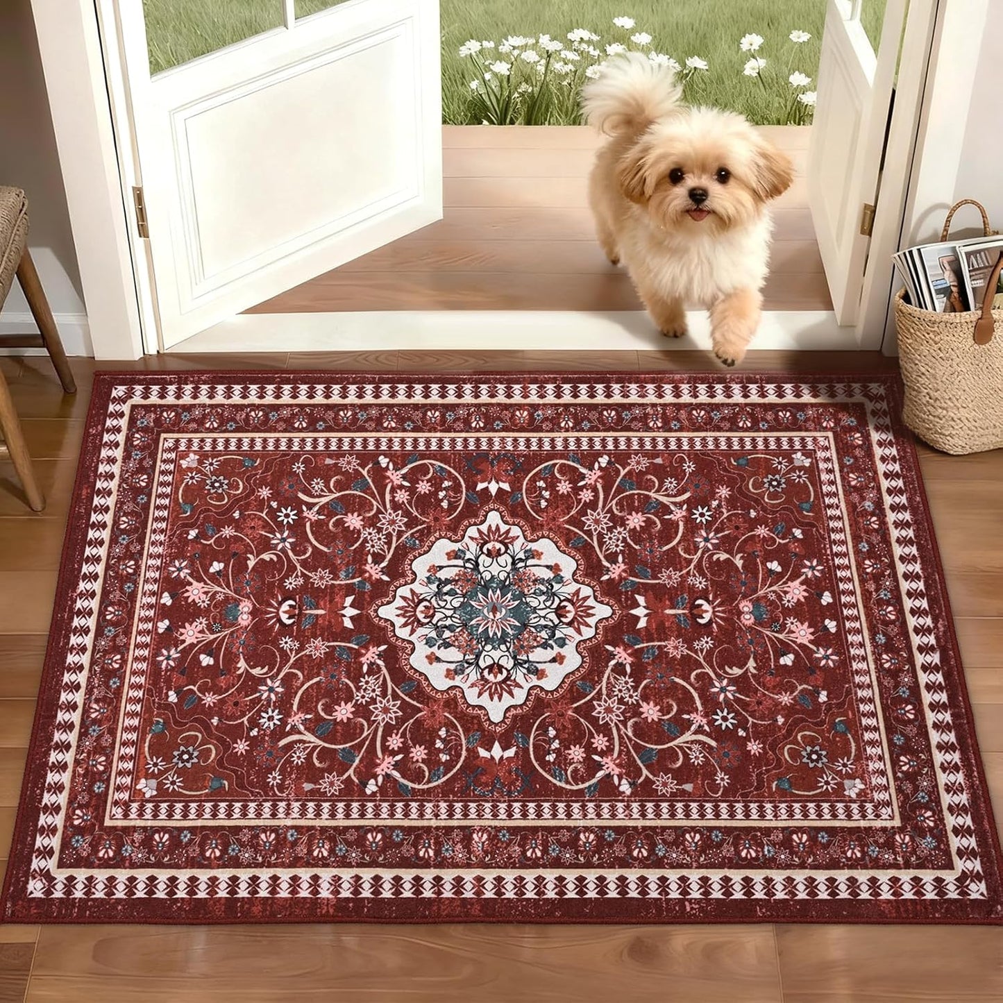 Regine Switzerland Non-Slip Red Entryway Rug - Washable Boho Low Pile Mat | 2' x 3' Indoor Area Rug