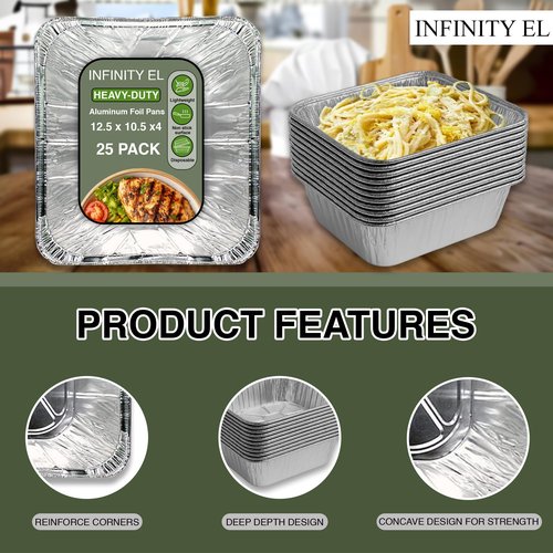 INFINITY EL Disposable Aluminum Foil Pans 25 Pack | Half Pan Extra 12.5" x 10.5" x 4" Deep Disposable Baking Pan | Heavy Duty Aluminum Foil Pan for Roasting Turkey, Lasagna, Thanksgiving, Christmas