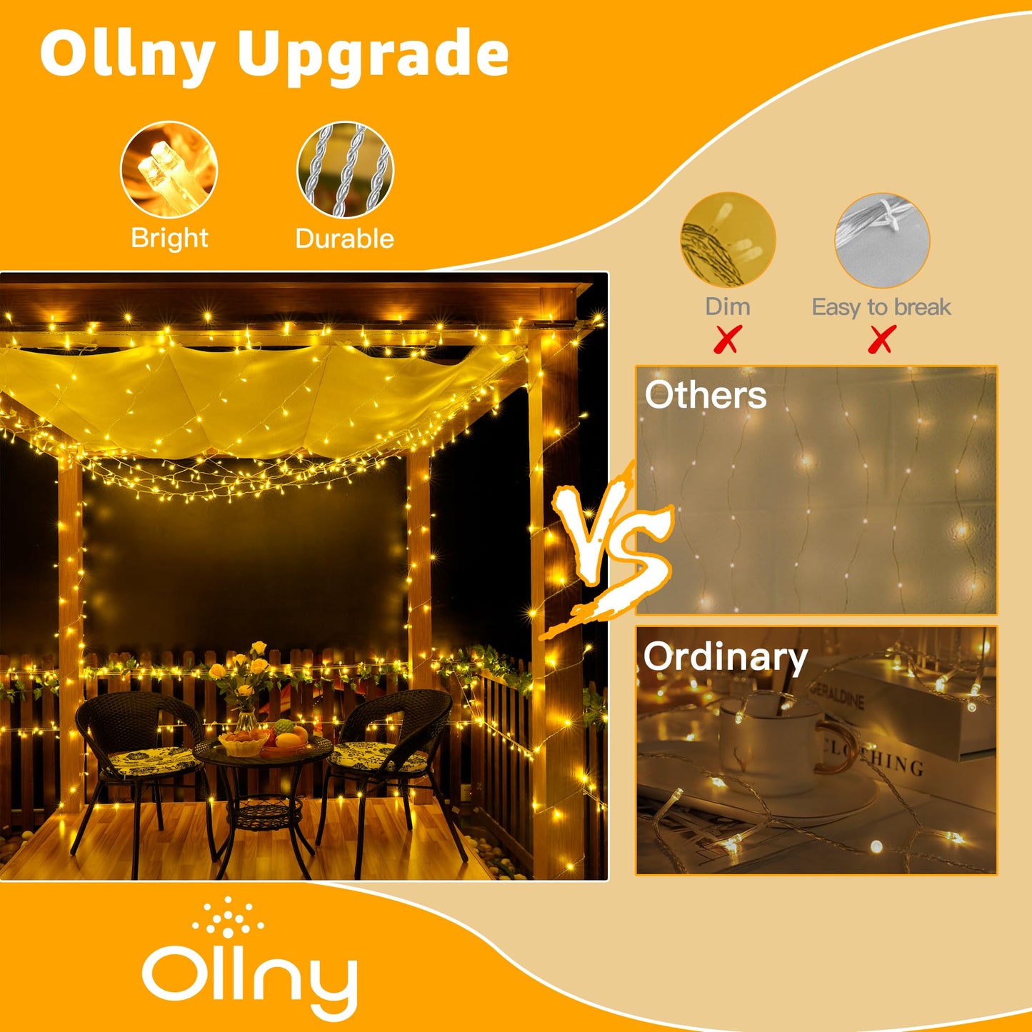 Ollny 120LED 40FT String Lights, Waterproof Connectable Fairy Lights with Timer 8 Modes, Warm White Plug in Indoor Light for Bedroom Classroom Outdoor Wedding Christmas Party Decorations