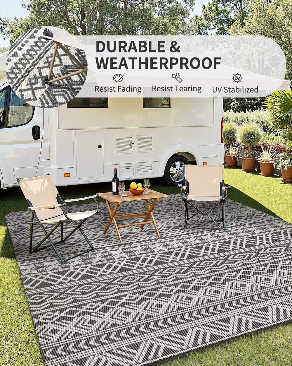 MontVoo Outdoor Rug - Waterproof Reversible 5x8 Patio Mat for RV, Camping, Beach, Boho Grey