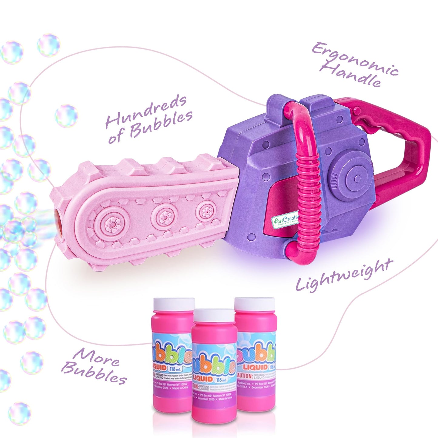 ArtCreativity Bubble Chainsaw for Kids, Electronic Bubble Blower Machine with Bubble Solution Included, Bubble Machine with Realistic Sound, Outdoor Girls Toy Ages 1 2 4 5 6 7 8