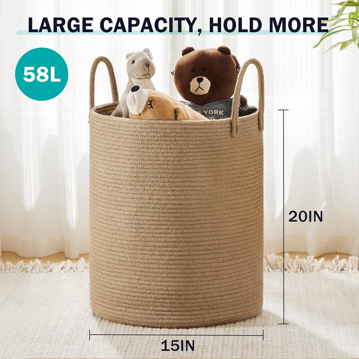 YOUDENOVA Jute Rope Laundry Hamper - 58L Tall Basket for Baby Nursery & Bedroom Storage