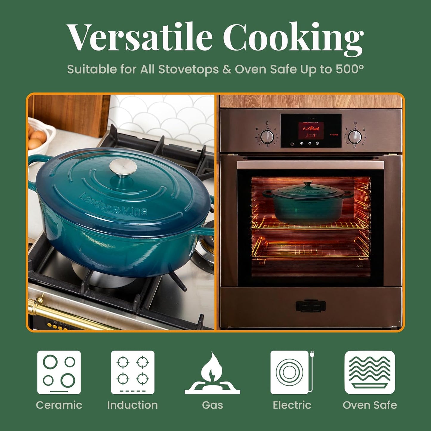 Larder & Vine Enameled Cast Iron Dutch Oven - 8 Qt | Ideal for Baking Sourdough Bread | Oven Safe to 500°F | Bondi Color
