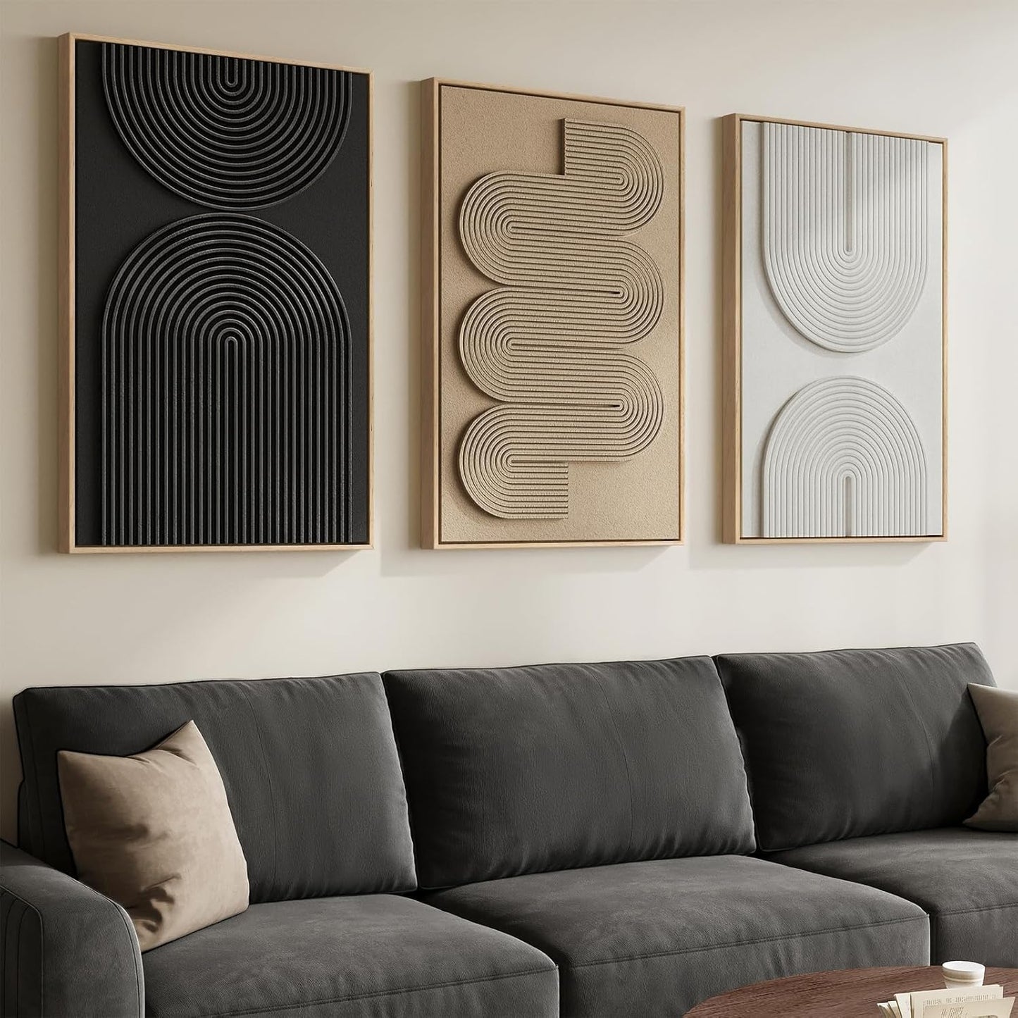 Skiennix Large 3D Textured Framed Boho Wall Art - Set of 3 Modern Abstract Paintings for Living Room Decor