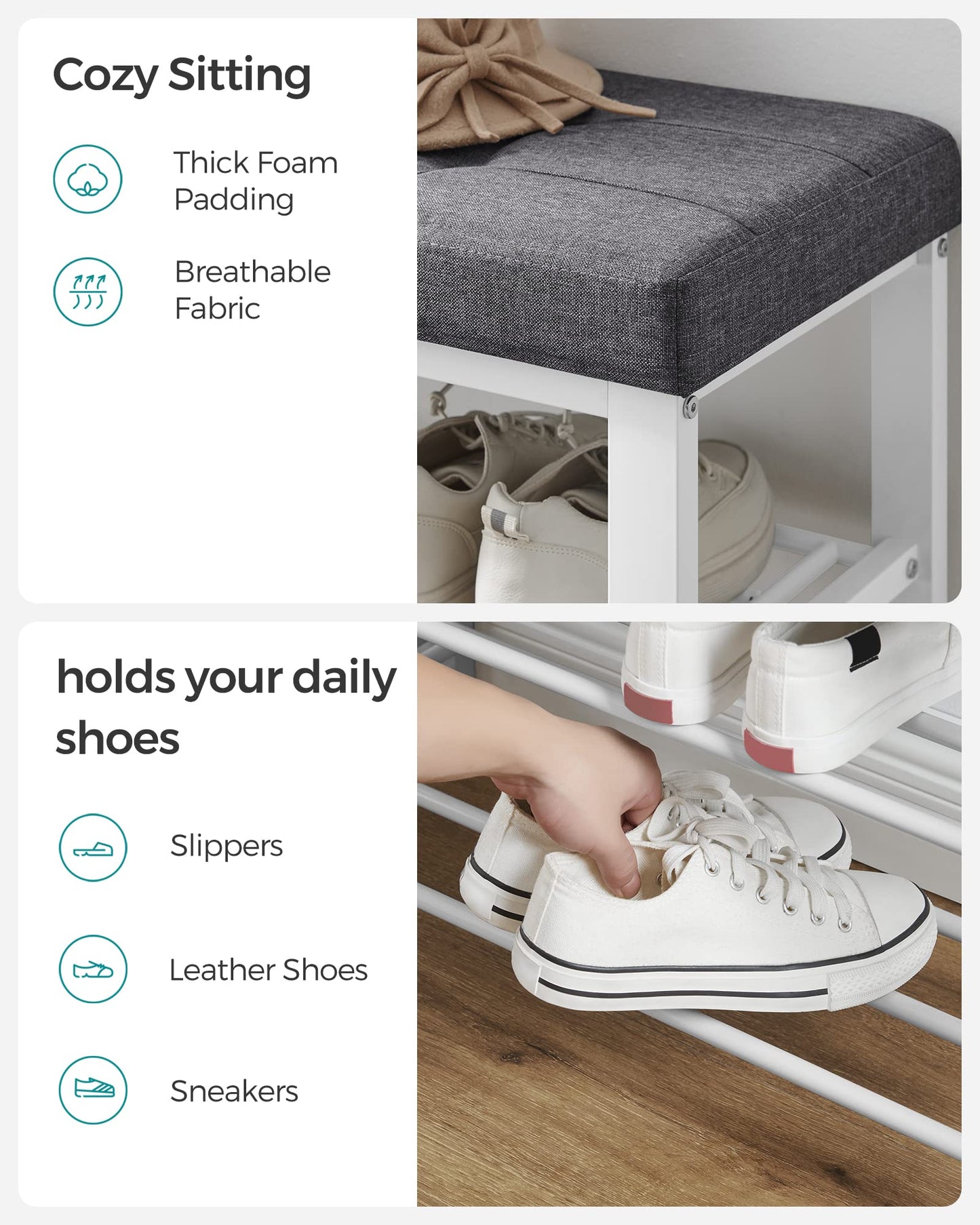 SONGMICS Shoe Bench, Storage Bench, Entryway Bench with Cushion, Shoe Shelf with Seat, Space-Saving, Modern Style, for Living Room, Bedroom, Hallway, Dark Gray and Cloud White ULBS057W01