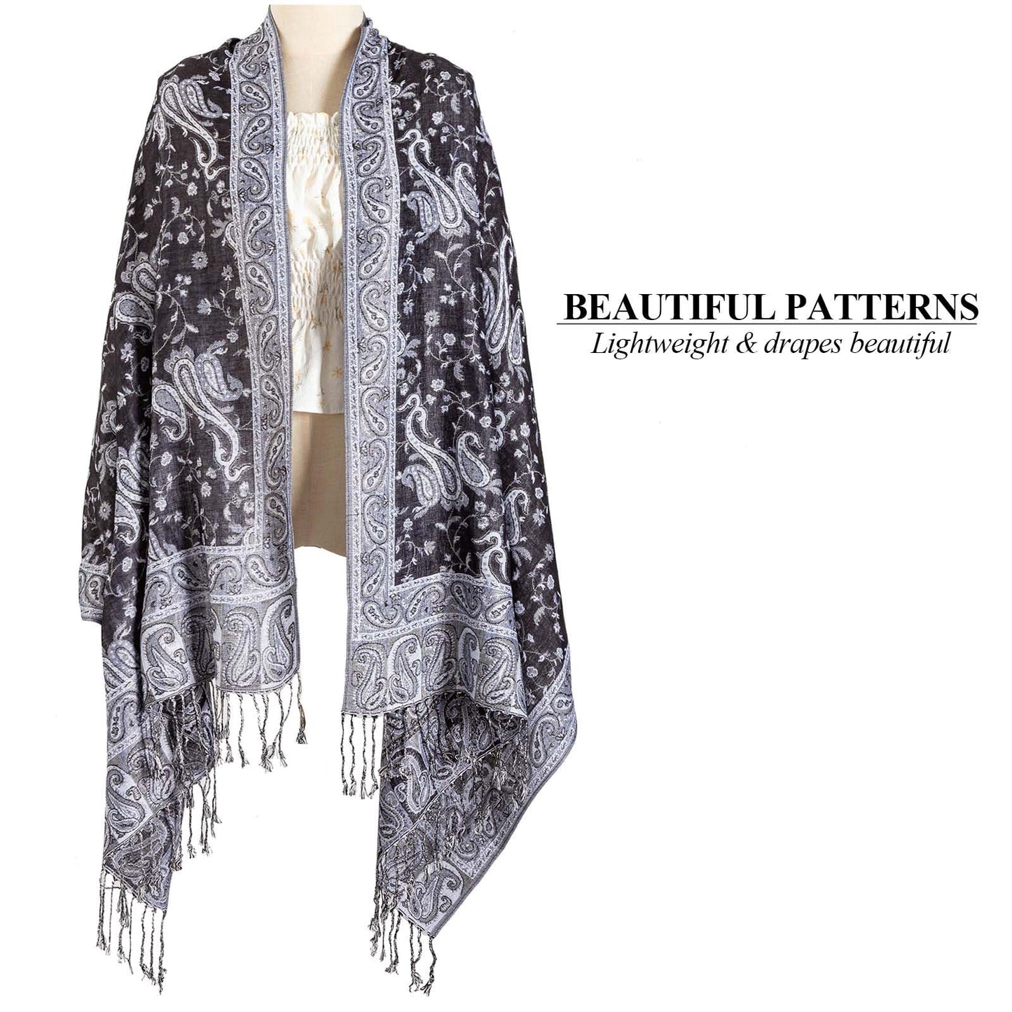 AUSEKALY Pashmina Feel Shawls Wraps for Women Rave Scarf Soft Silky Reversible Men Scarves Black White