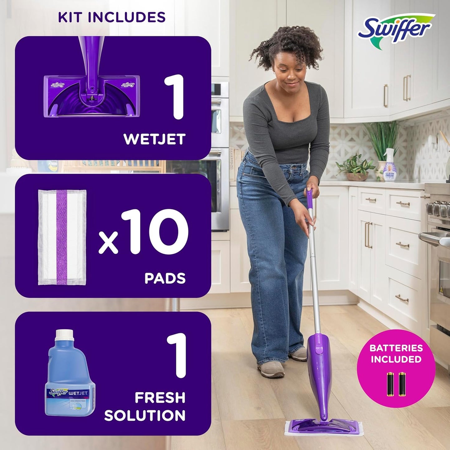 Swiffer WetJet Floor Spray Mop Cleaner Kit - Includes Power Mop, 10 Pads & Cleaning Solution